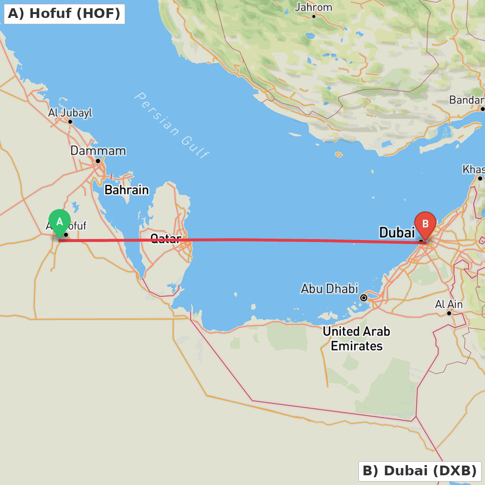 Flight route map from Hofuf to Dubai