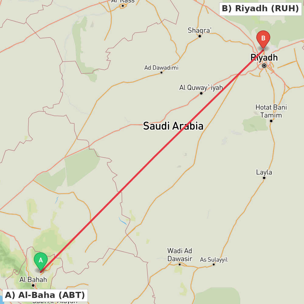 Flight route map from Al-Baha to Riyadh