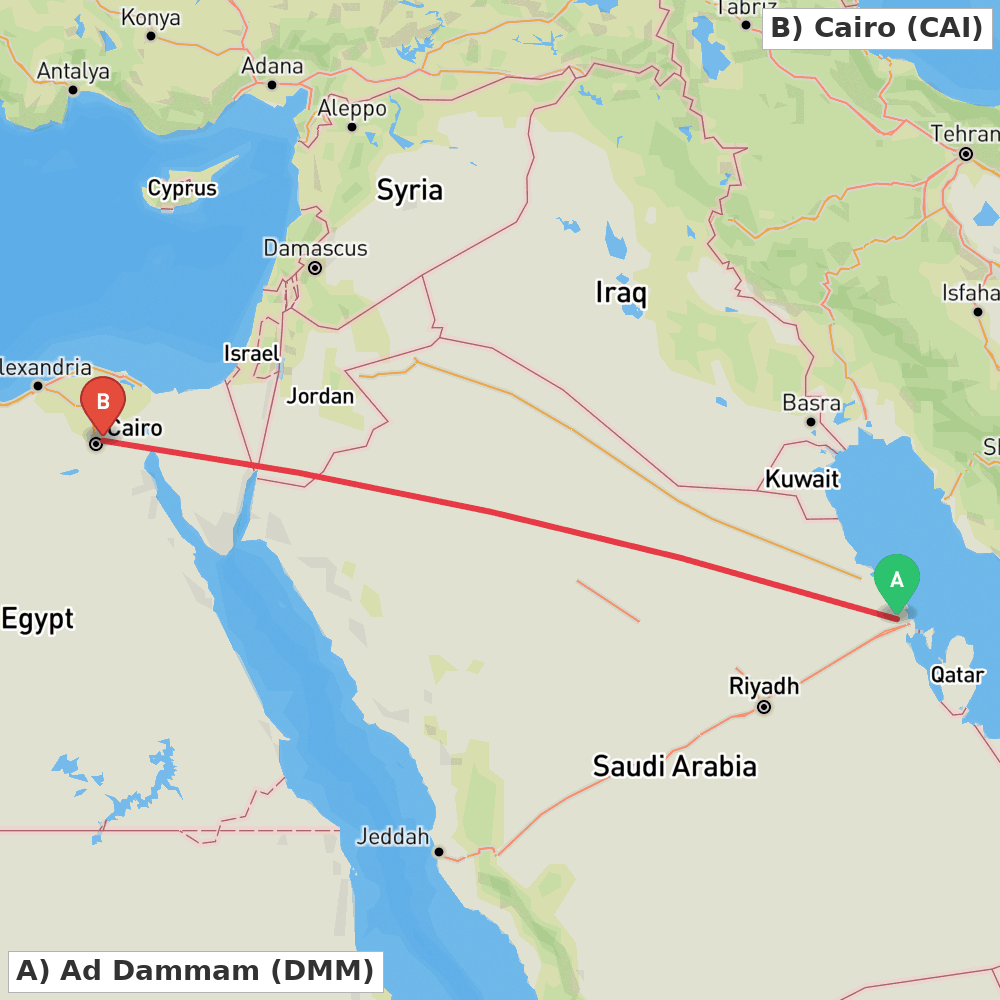 Flight route map from Ad Dammam to Cairo
