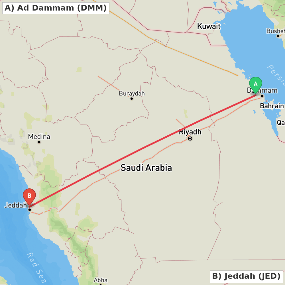 Flight route map from Ad Dammam to Jeddah