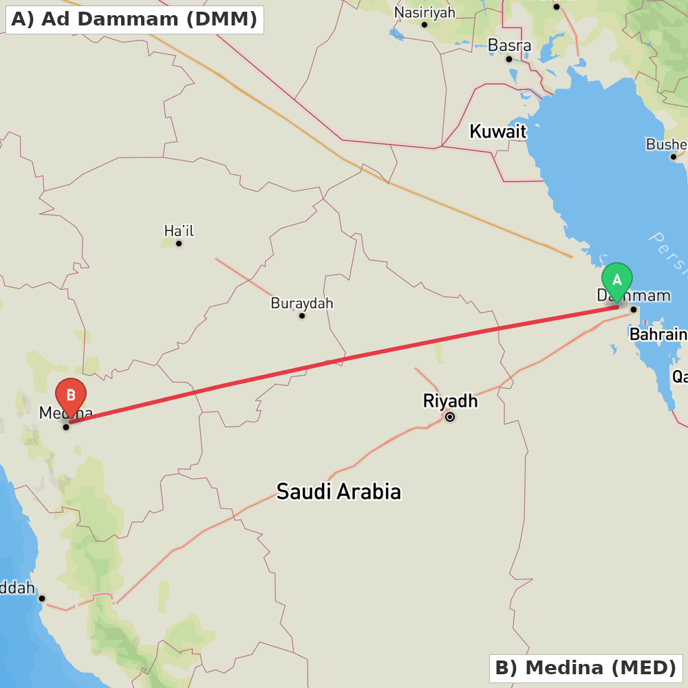 Flight route map from Ad Dammam to Medina
