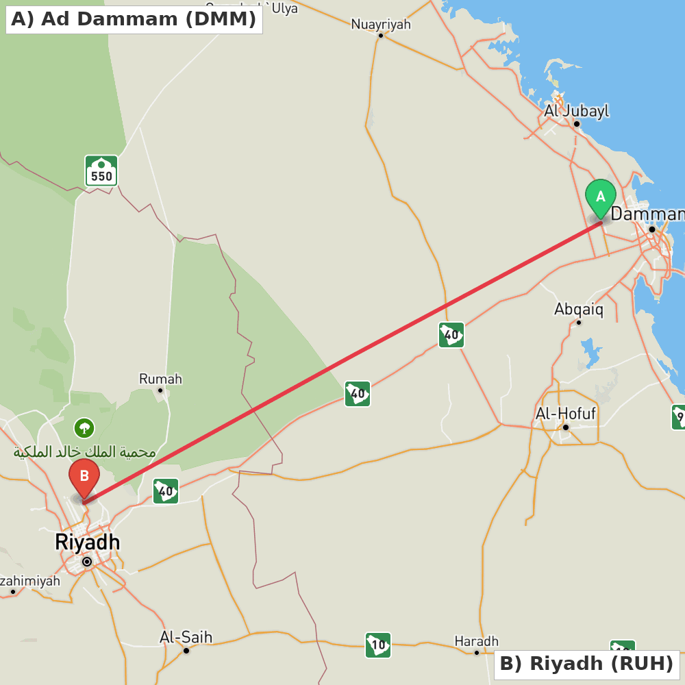Flight route map from Ad Dammam to Riyadh