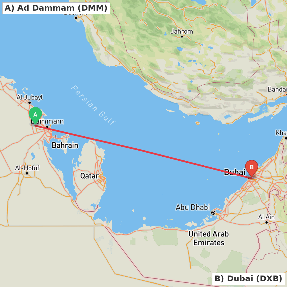 Flight route map from Ad Dammam to Dubai
