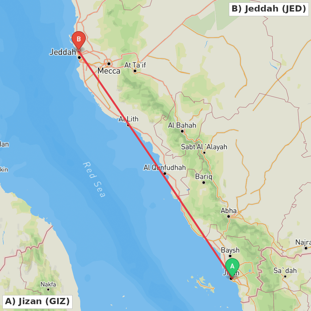 Flight route map from Jizan to Jeddah