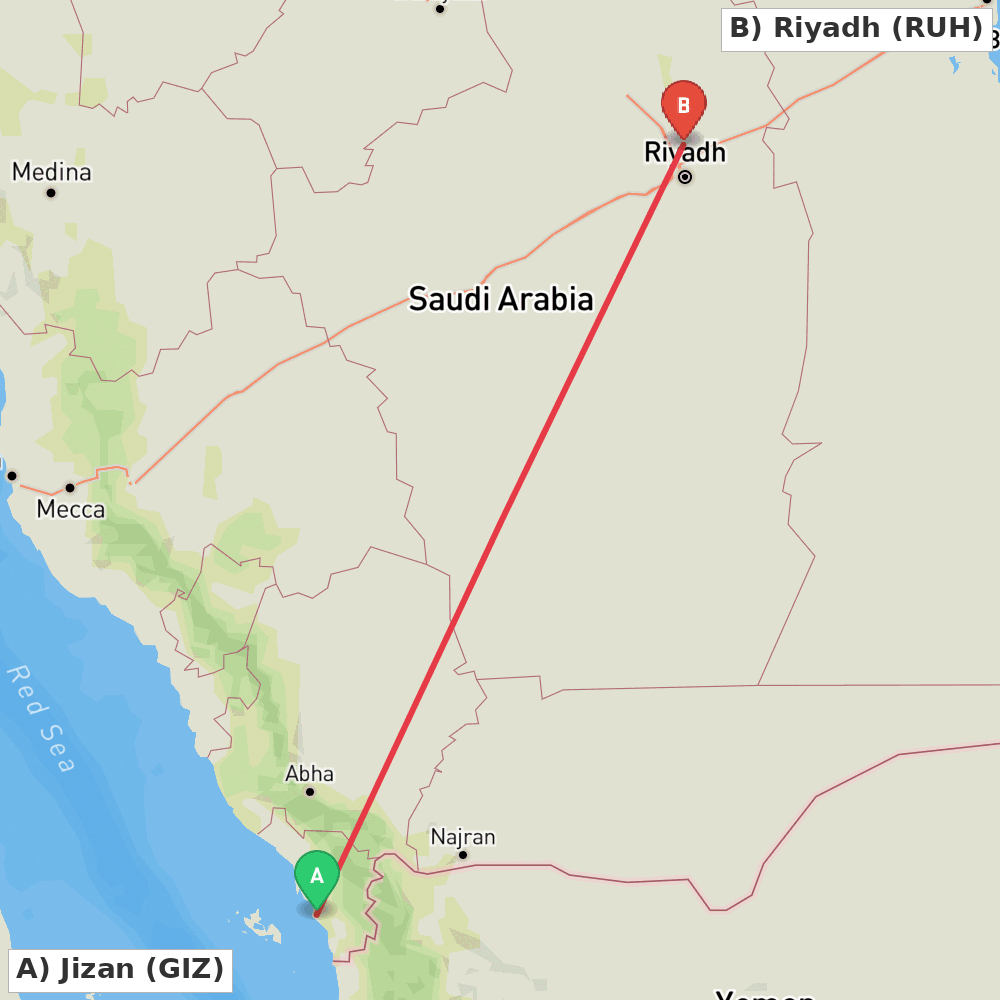 Flight route map from Jizan to Riyadh