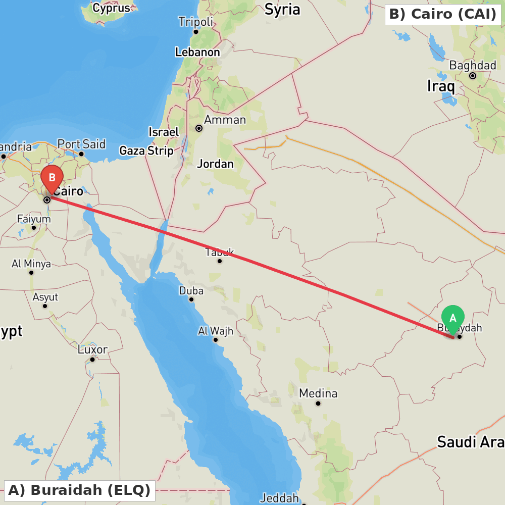 Flight route map from Buraidah to Cairo