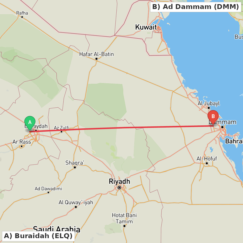 Flight route map from Buraidah to Ad Dammam