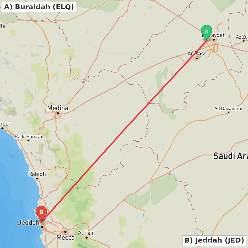Flight route map from Buraidah to Jeddah