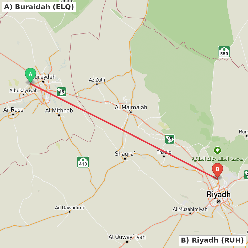 Flight route map from Buraidah to Riyadh