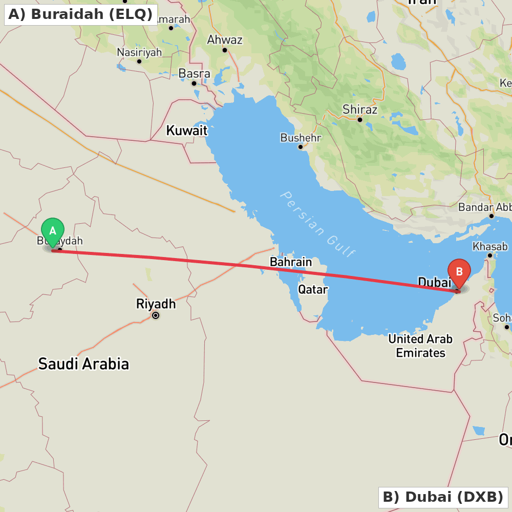 Flight route map from Buraidah to Dubai