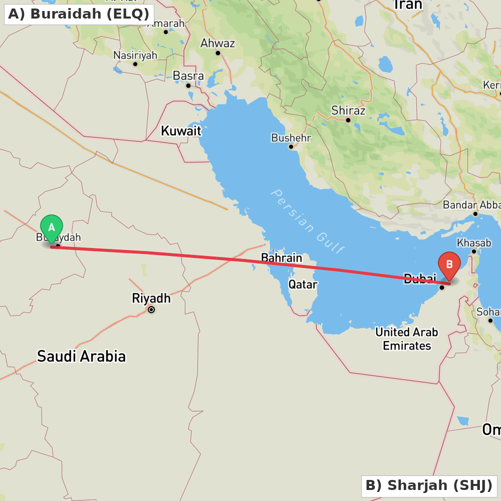 Flight route map from Buraidah to Sharjah