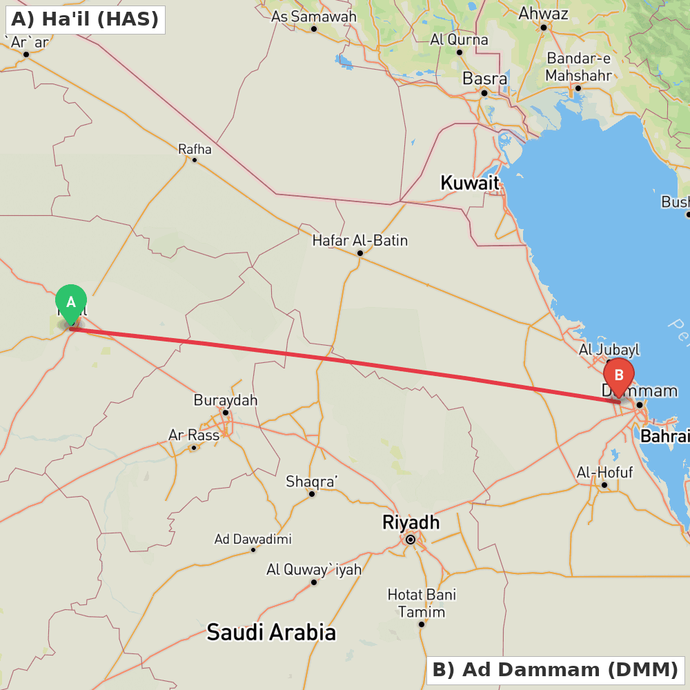 Flight route map from Ha'il to Ad Dammam