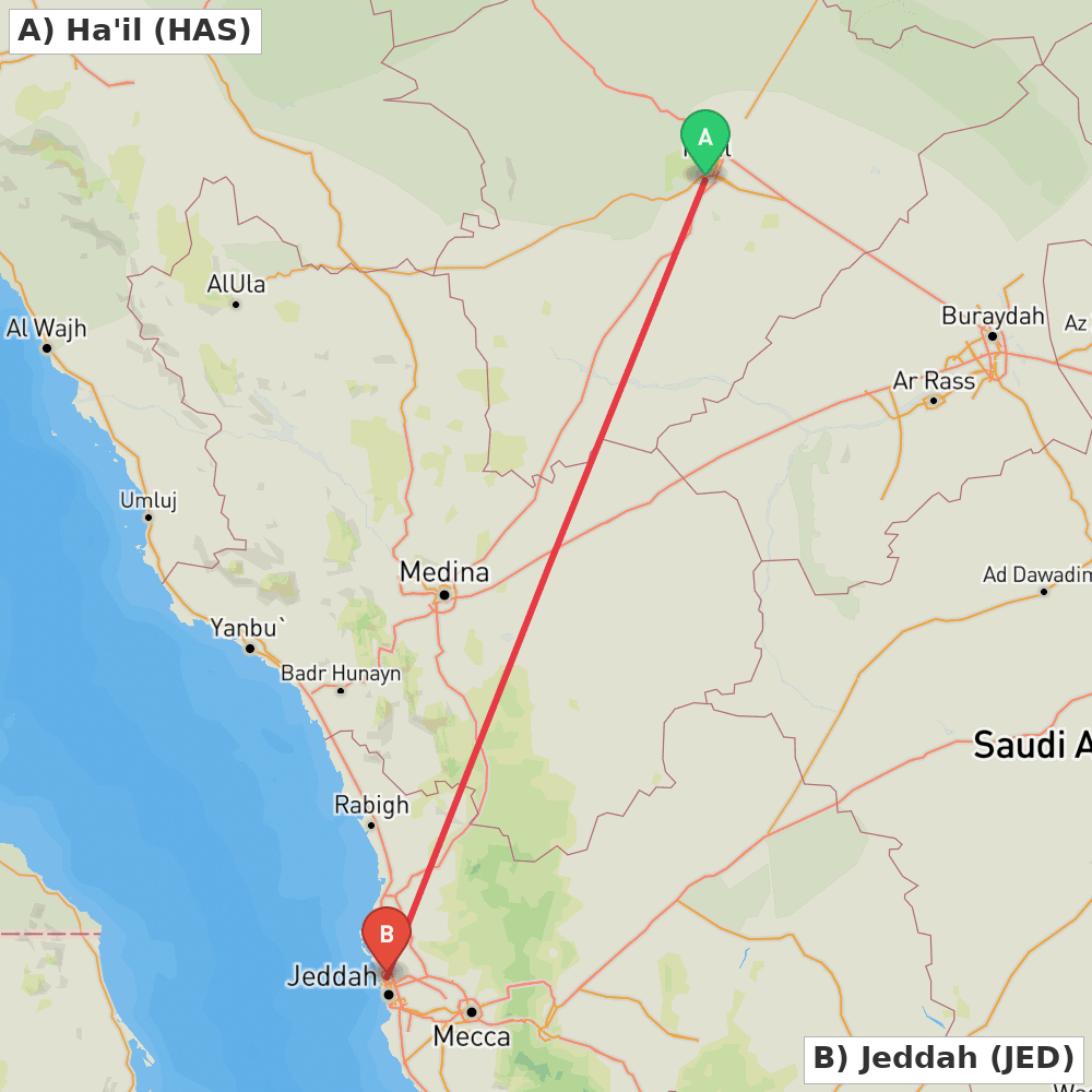 Flight route map from Ha'il to Jeddah