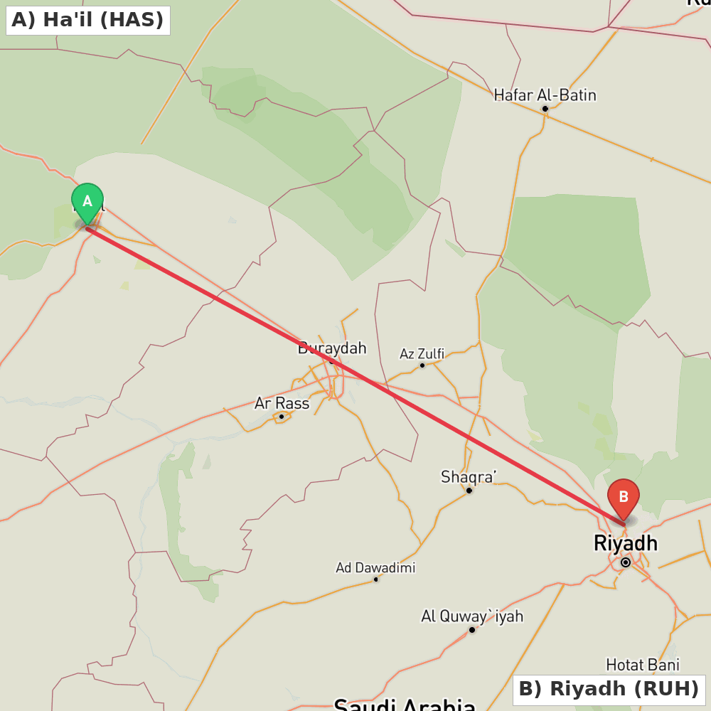 Flight route map from Ha'il to Riyadh