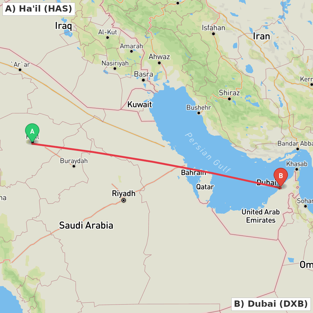 Flight route map from Ha'il to Dubai