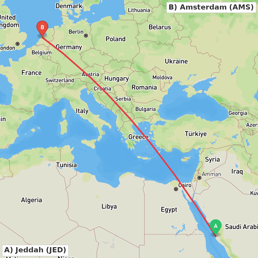 Flight route map from Jeddah to Amsterdam