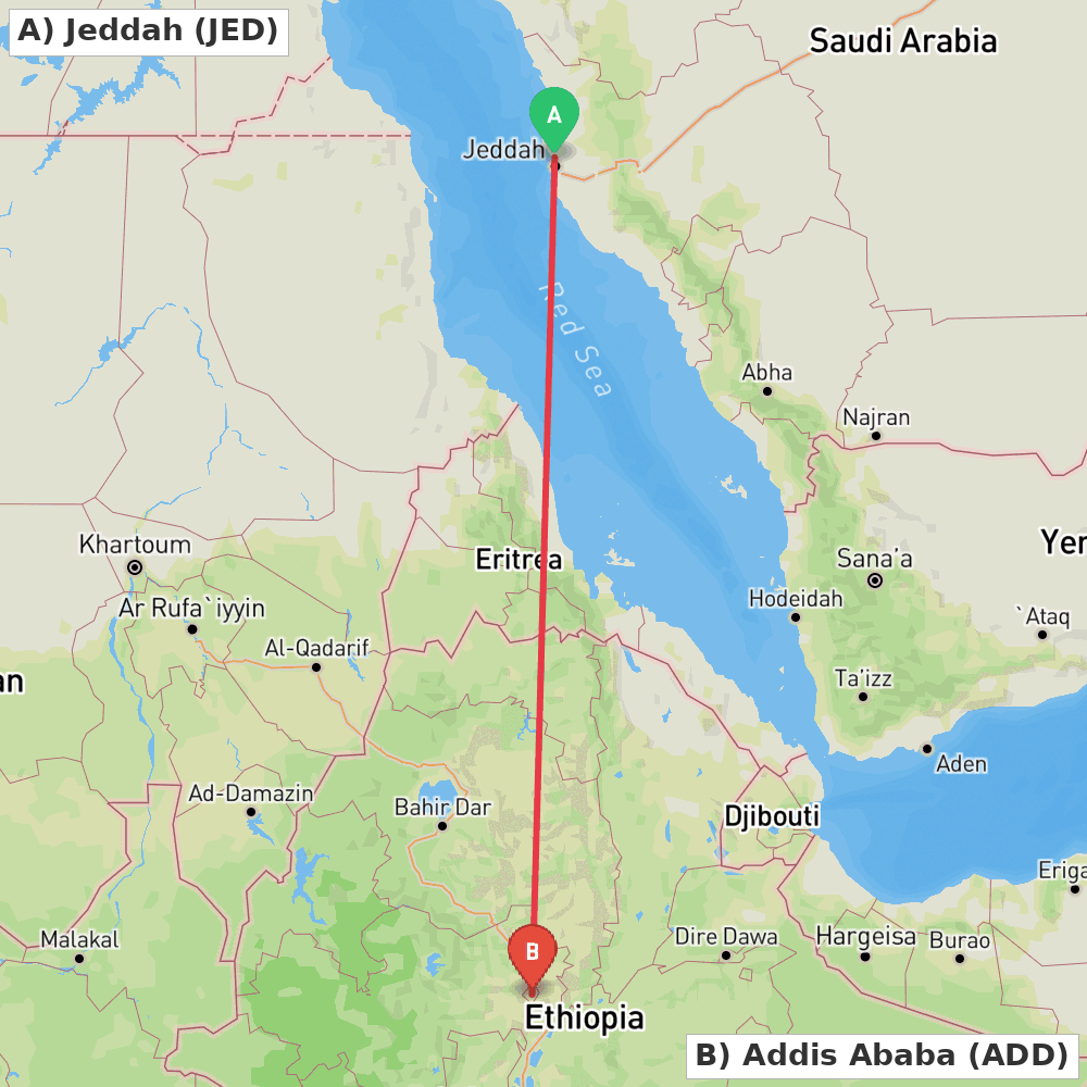 Flight route map from Jeddah to Addis Ababa