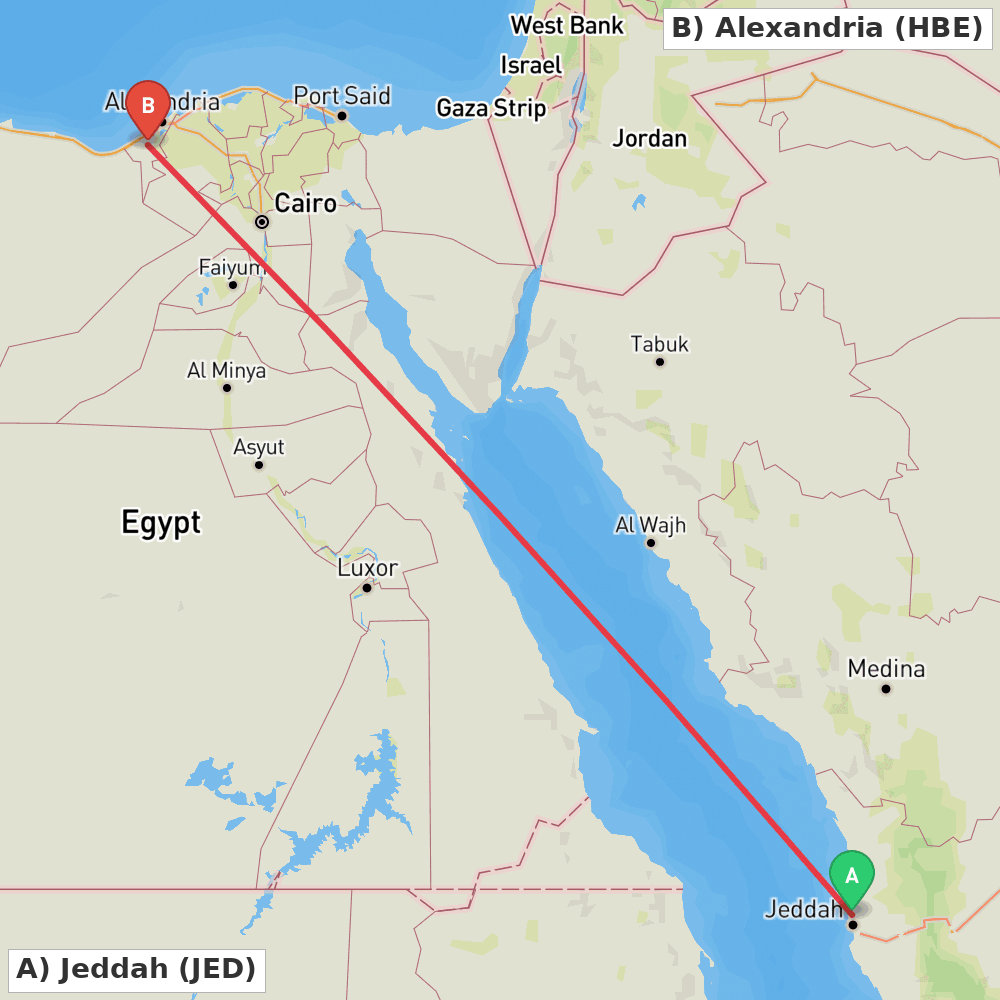 Flight route map from Jeddah to Alexandria
