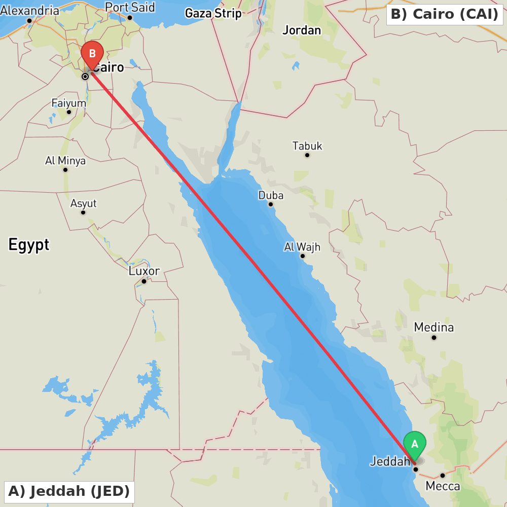 Flight route map from Jeddah to Cairo