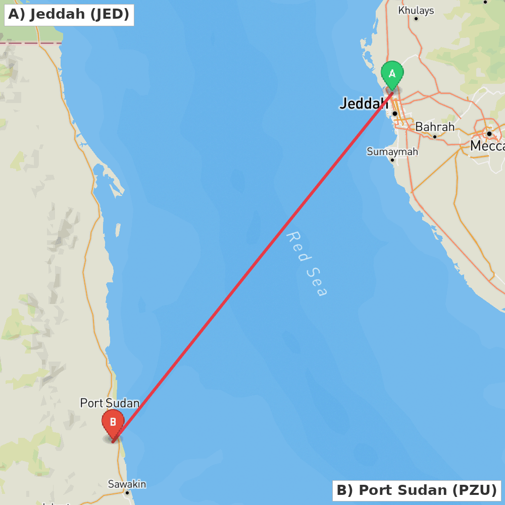 Flight route map from Jeddah to Port Sudan