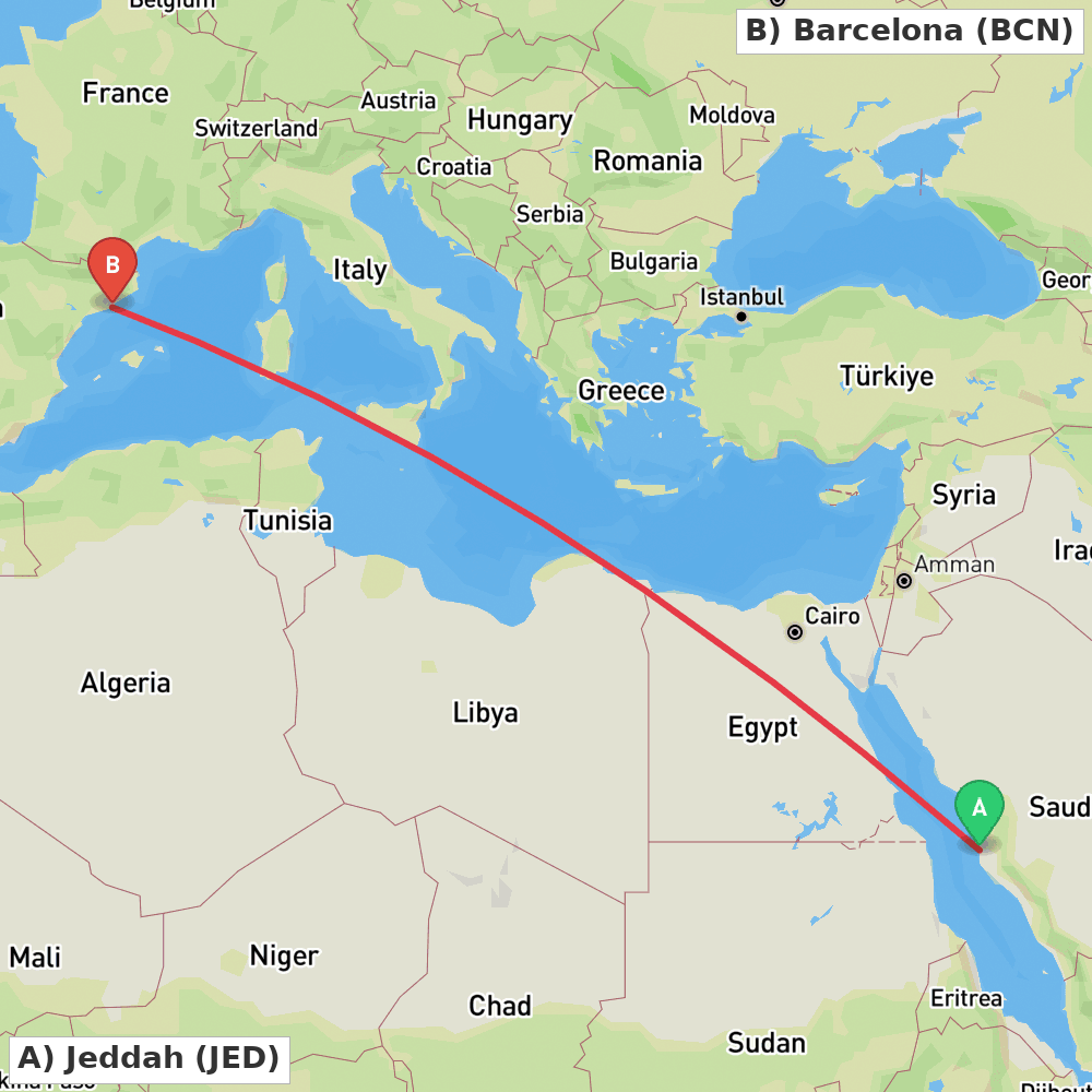 Flight route map from Jeddah to Barcelona