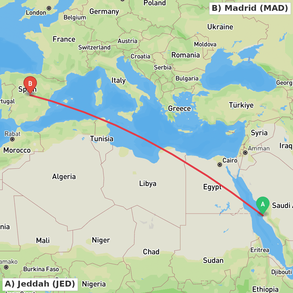 Flight route map from Jeddah to Madrid