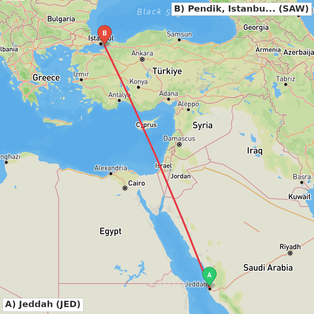 Flight route map from Jeddah to Pendik, Istanbul