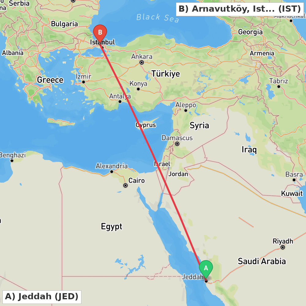 Flight route map from Jeddah to Arnavutköy, Istanbul