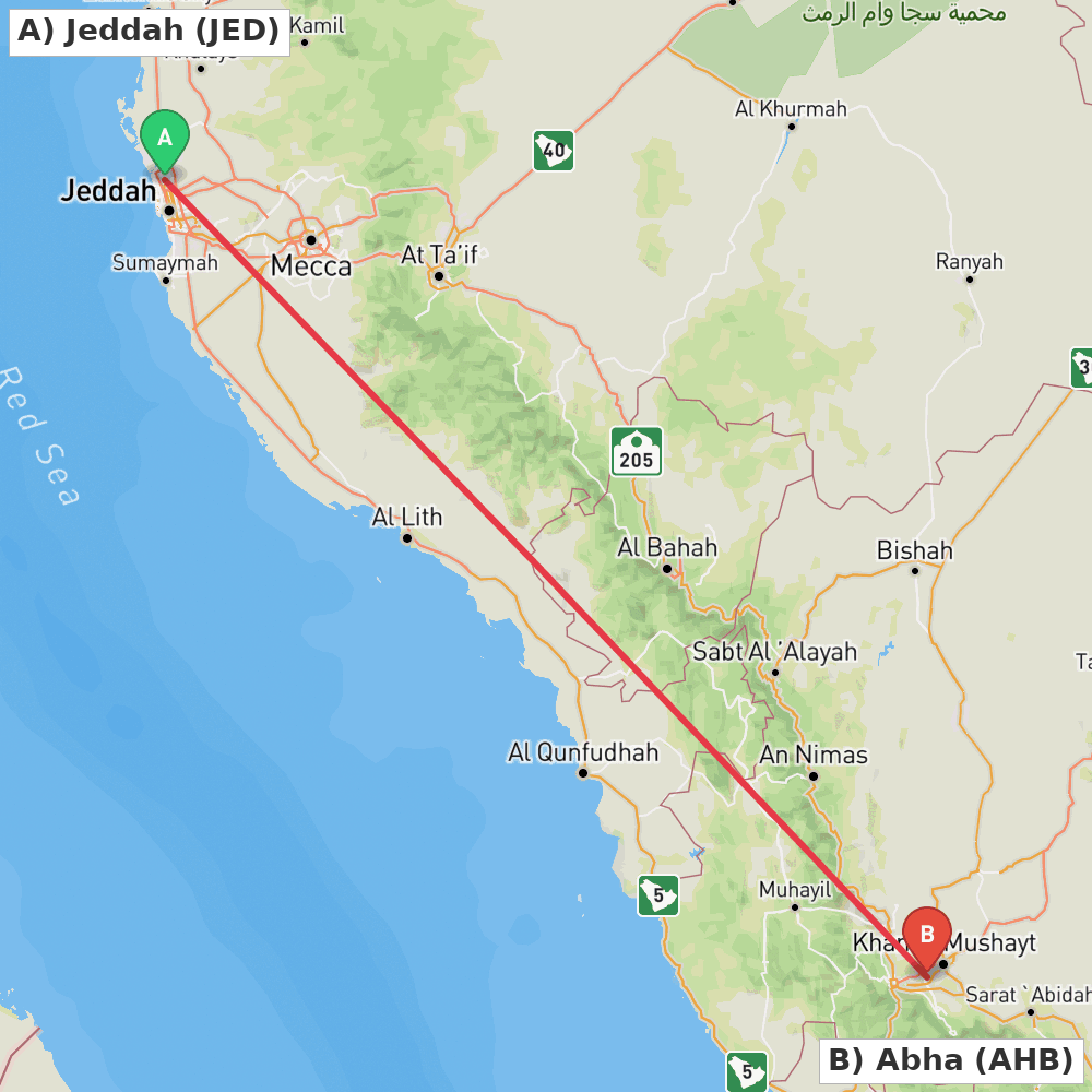 Flight route map from Jeddah to Abha