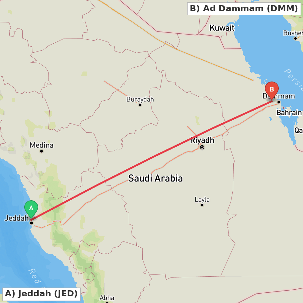 Flight route map from Jeddah to Ad Dammam