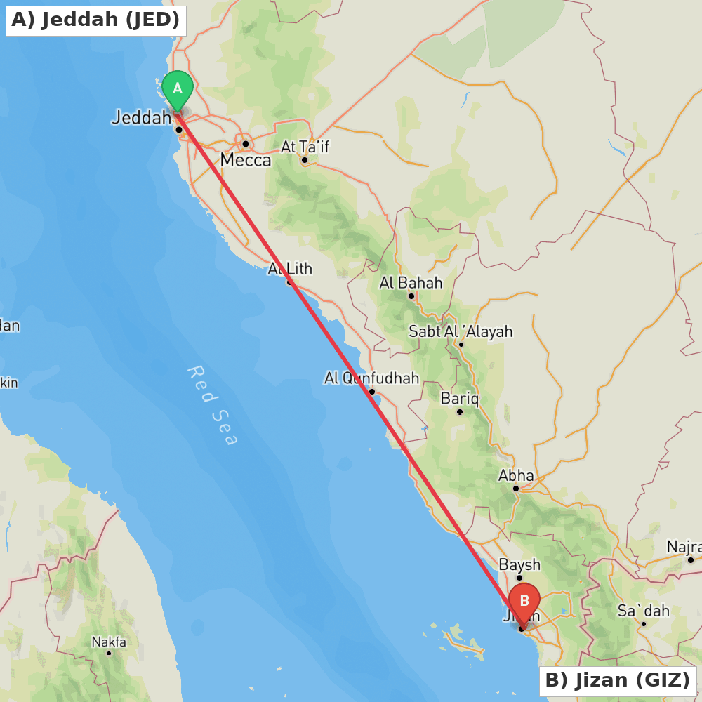 Flight route map from Jeddah to Jizan
