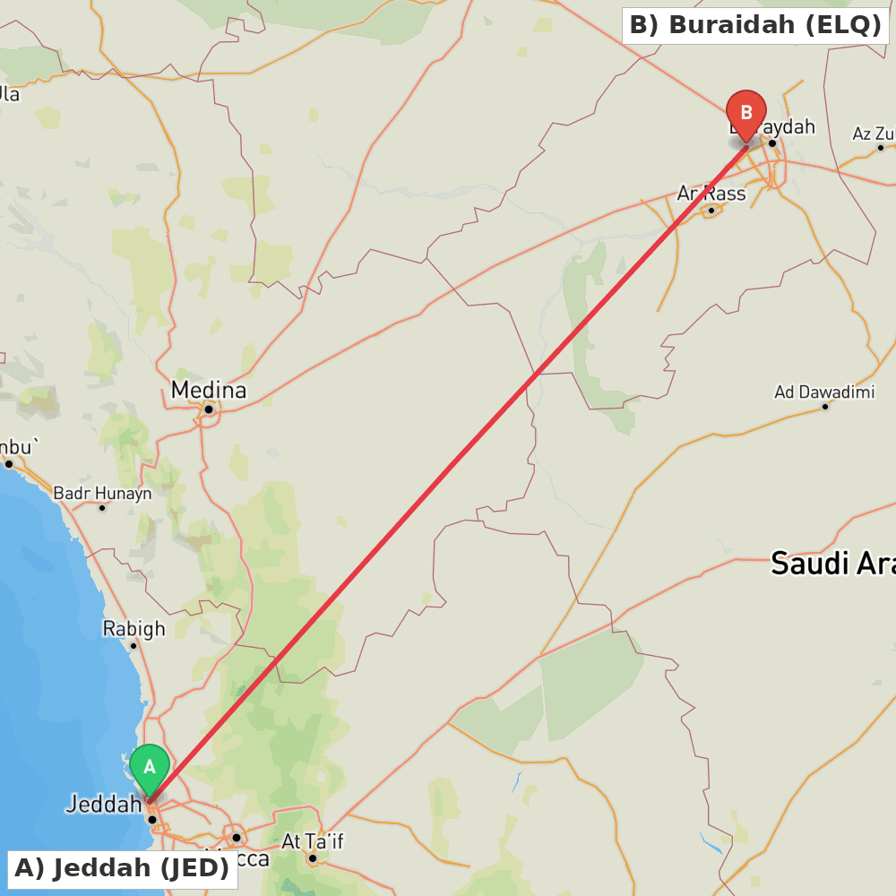 Flight route map from Jeddah to Buraidah