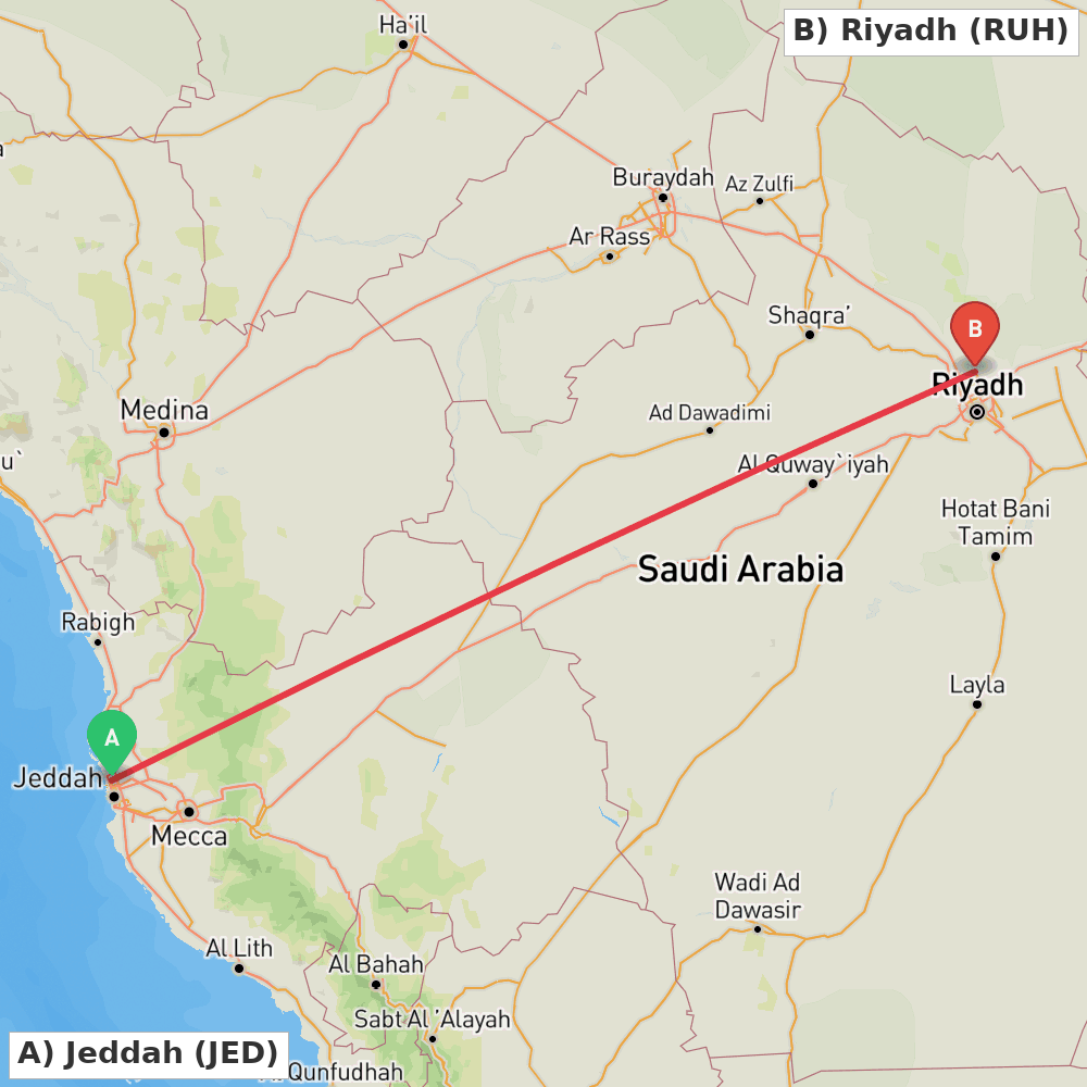 Flight route map from Jeddah to Riyadh