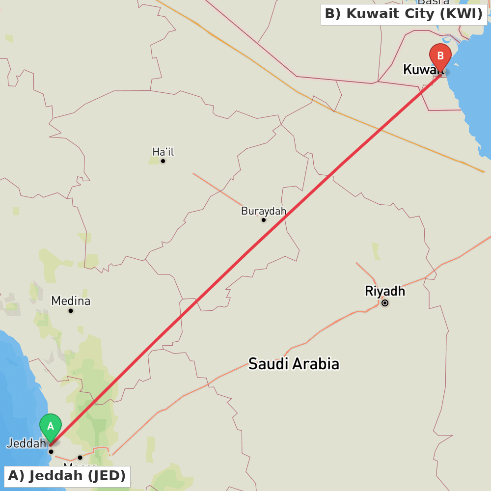 Flight route map from Jeddah to Kuwait City