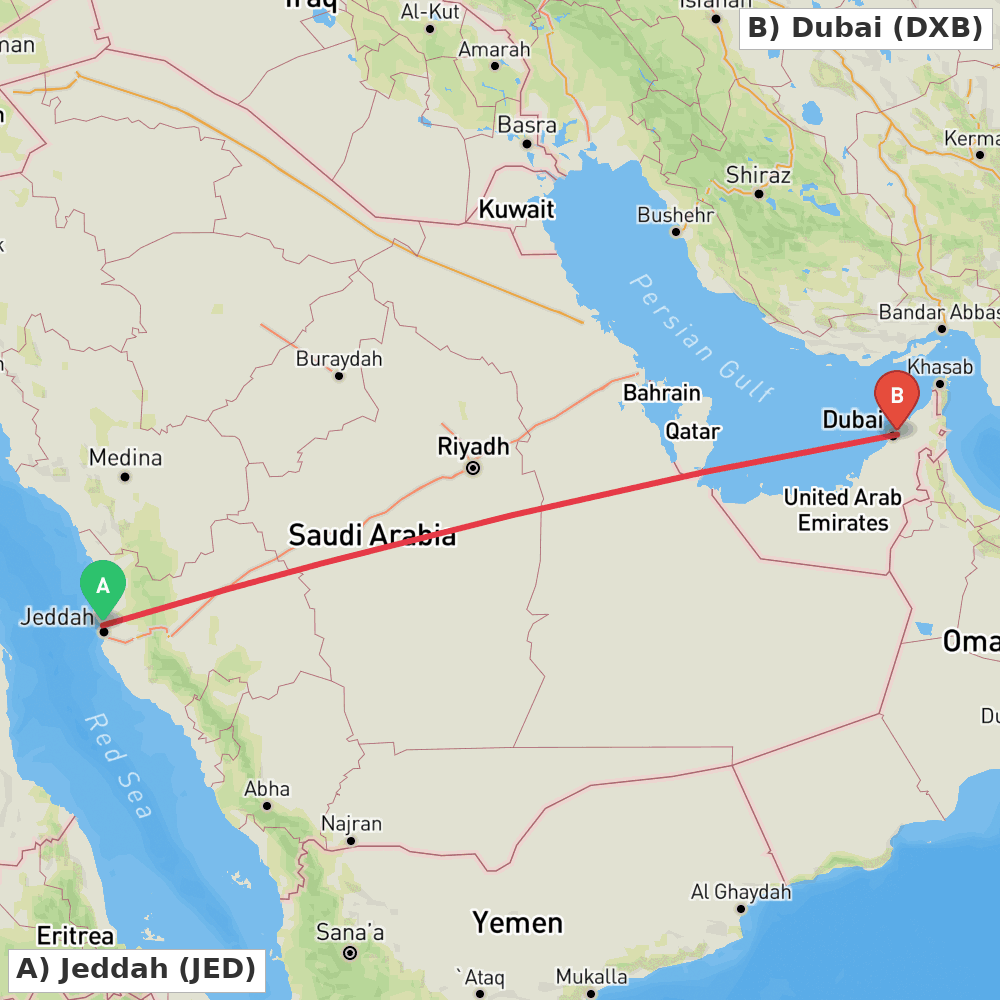 Flight route map from Jeddah to Dubai
