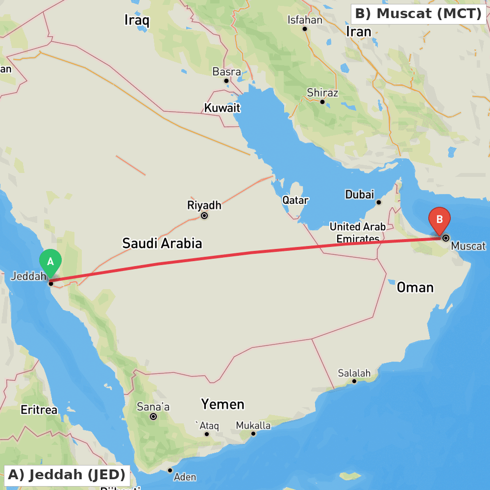 Flight route map from Jeddah to Muscat