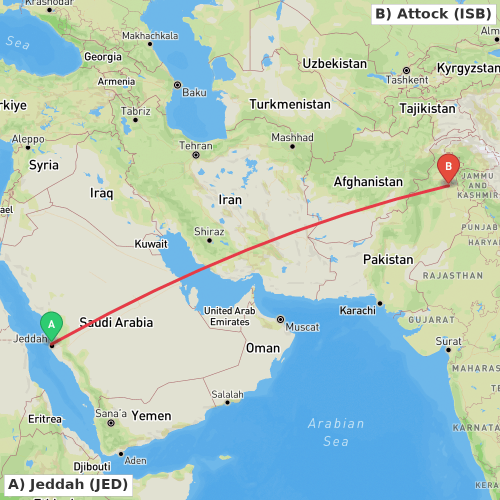 Flight route map from Jeddah to Attock