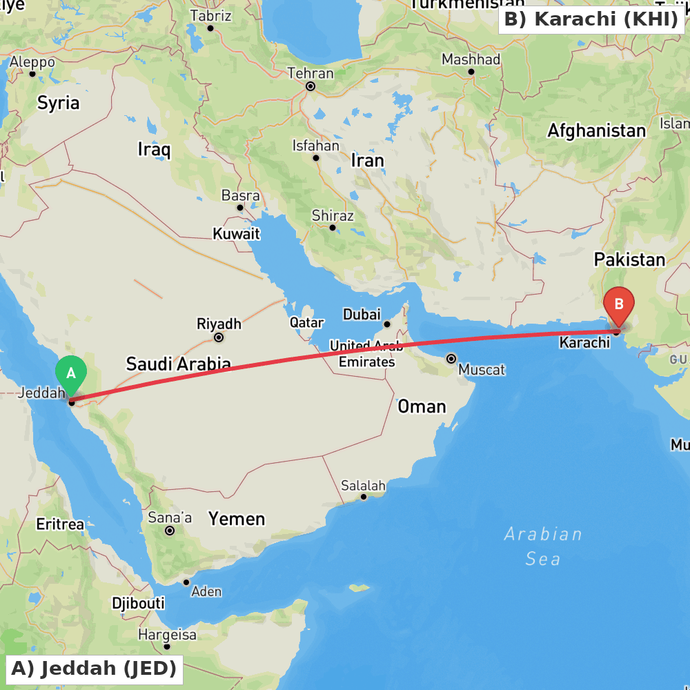 Flight route map from Jeddah to Karachi