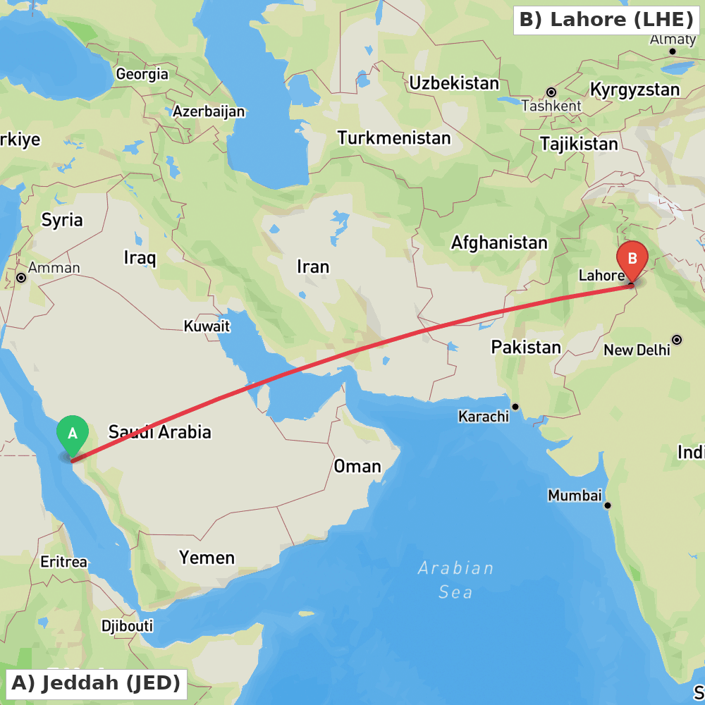 Flight route map from Jeddah to Lahore