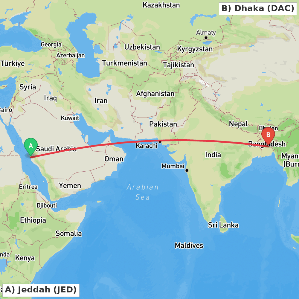 Flight route map from Jeddah to Dhaka
