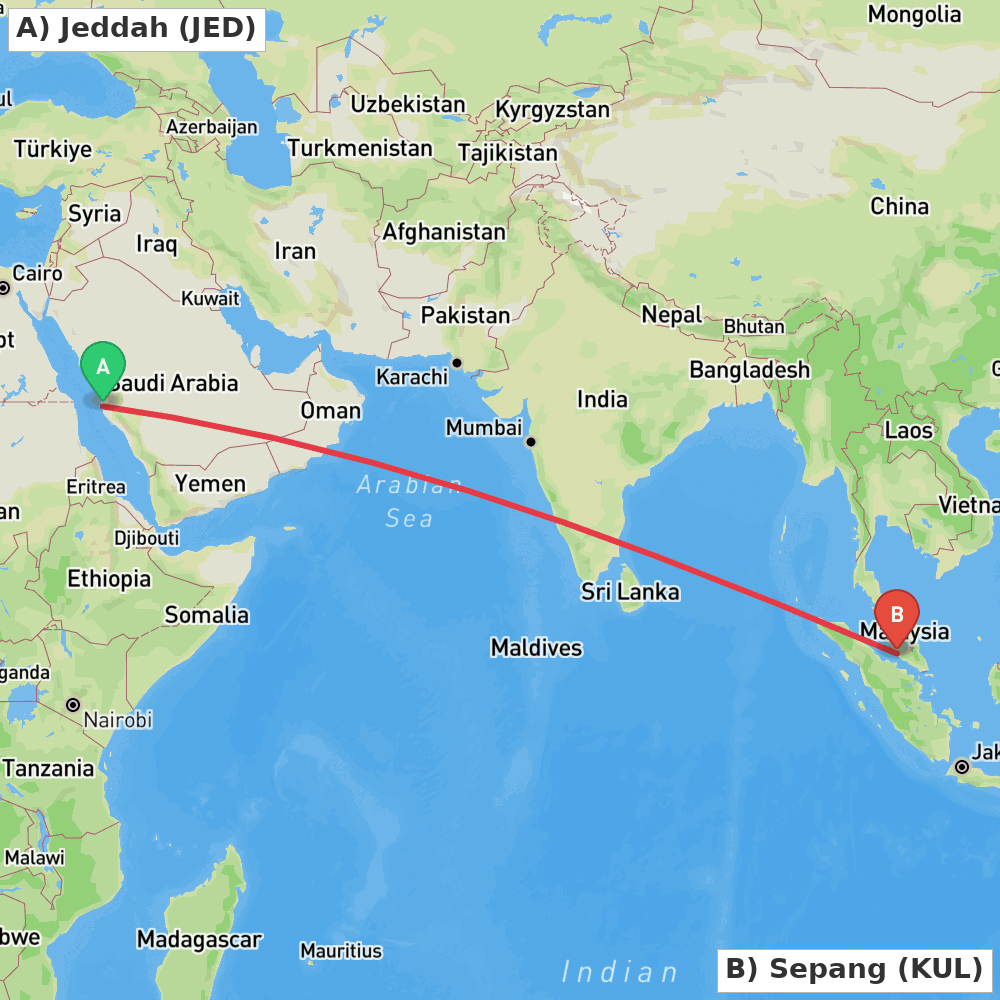Flight route map from Jeddah to Sepang