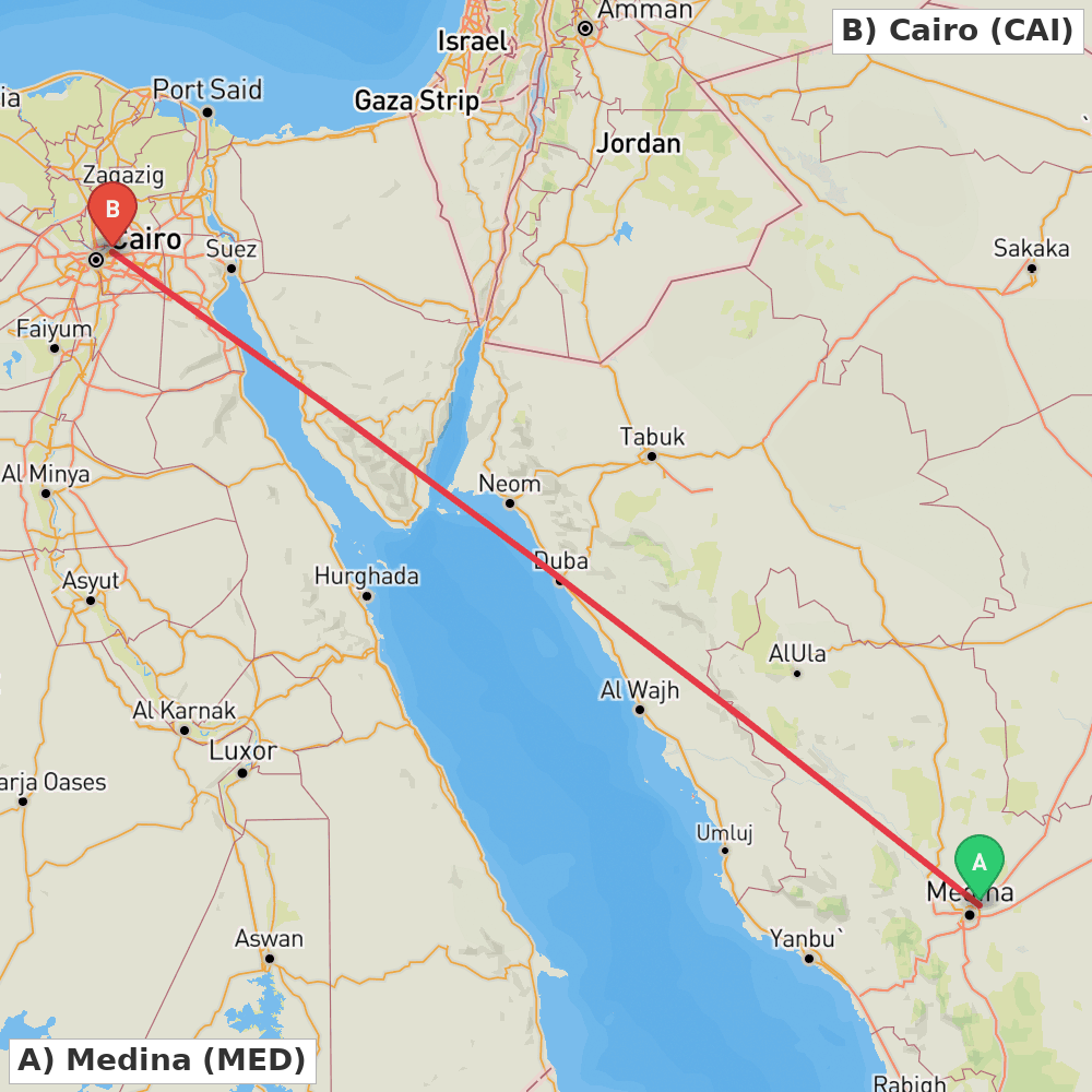 Flight route map from Medina to Cairo