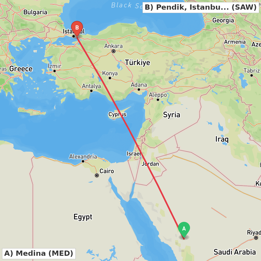 Flight route map from Medina to Pendik, Istanbul