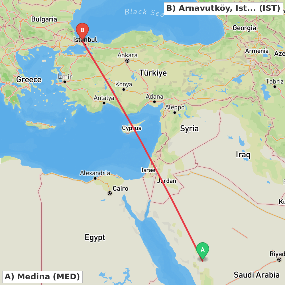 Flight route map from Medina to Arnavutköy, Istanbul