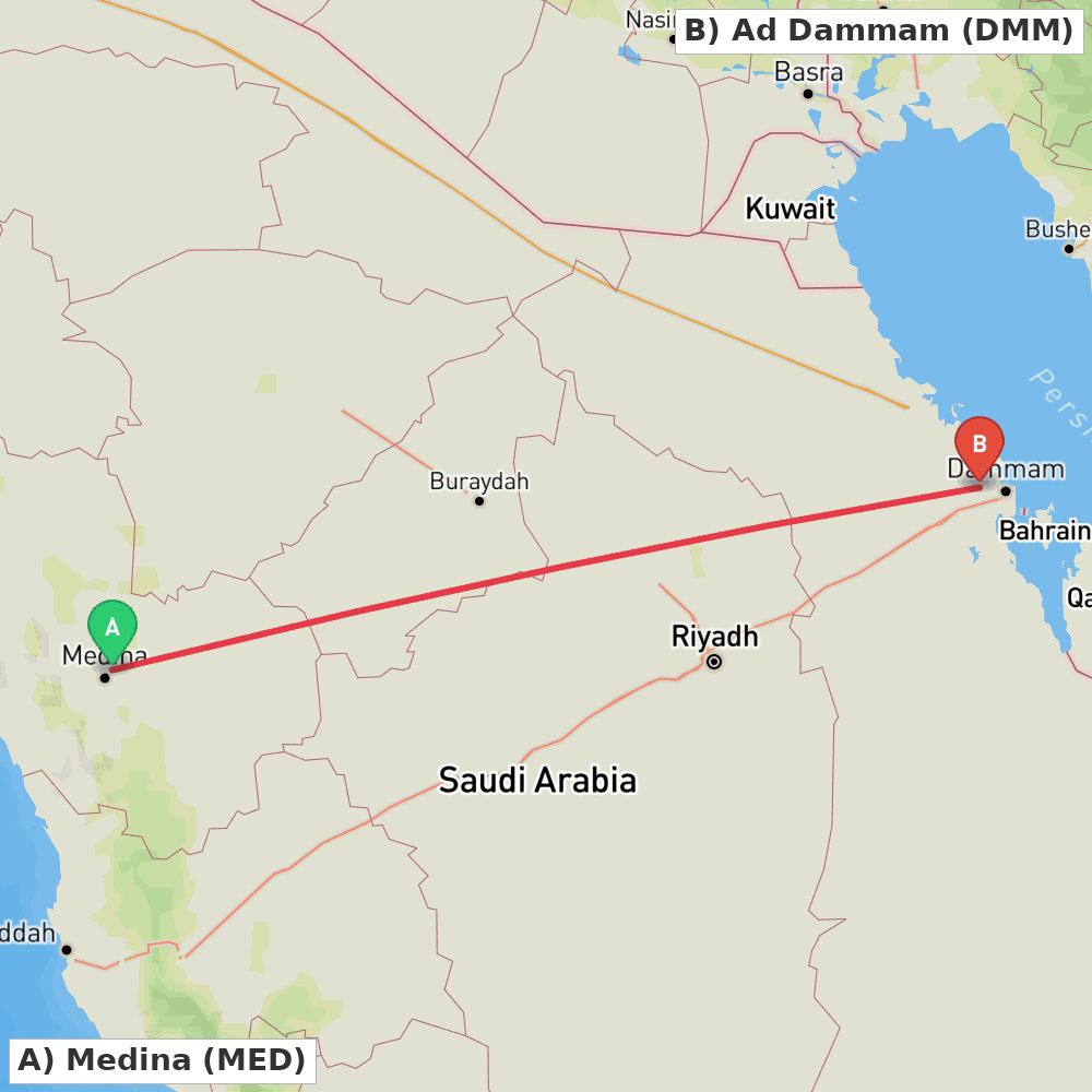 Flight route map from Medina to Ad Dammam