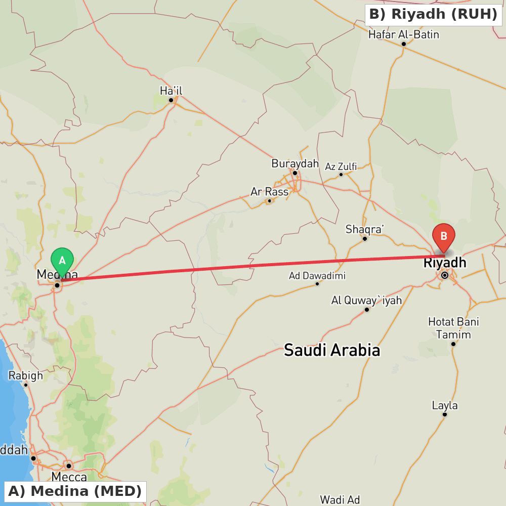 Flight route map from Medina to Riyadh