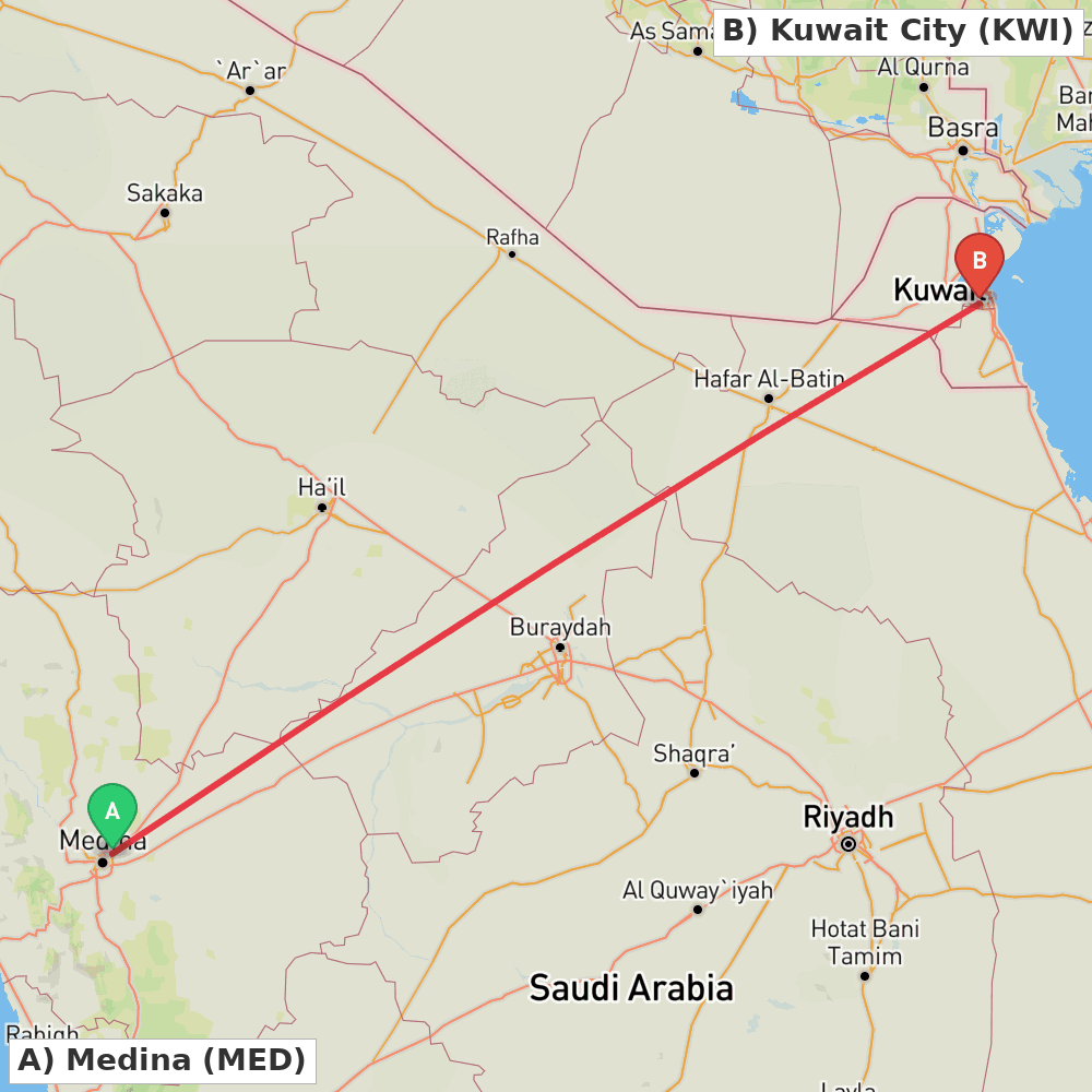 Flight route map from Medina to Kuwait City