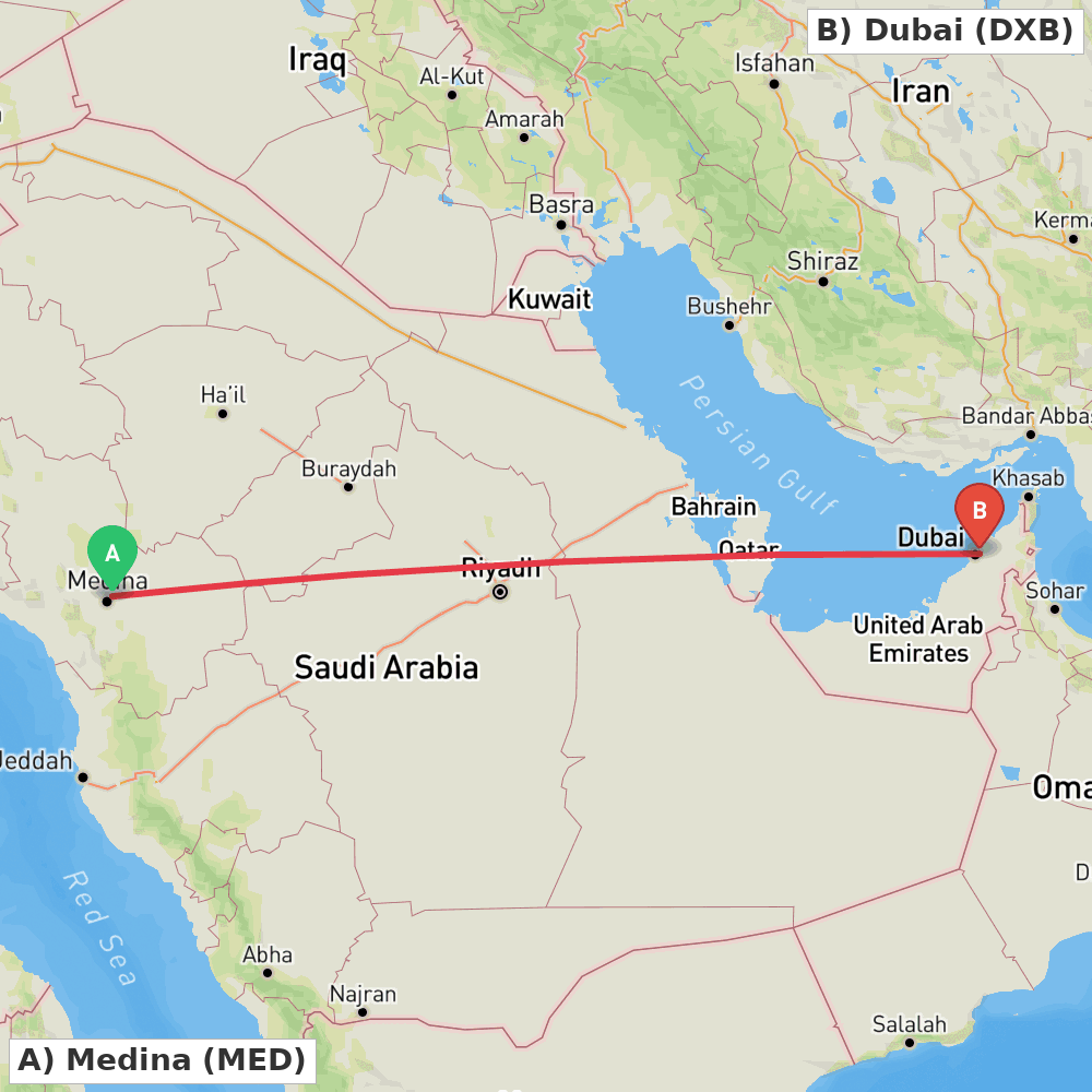 Flight route map from Medina to Dubai