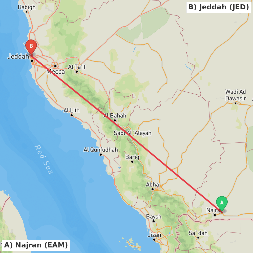 Flight route map from Najran to Jeddah