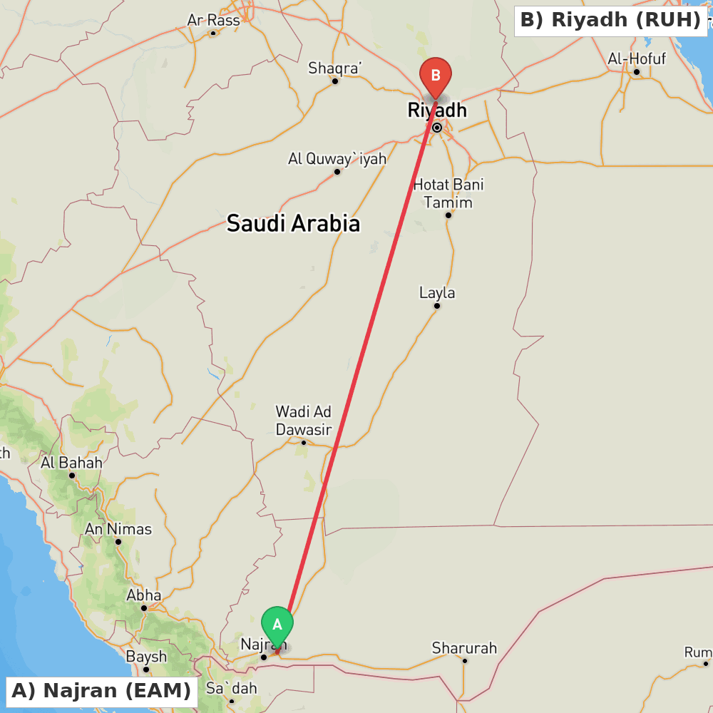 Flight route map from Najran to Riyadh